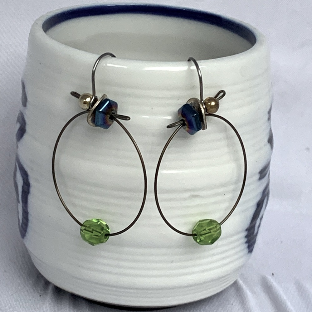 Wire Earrings with Blue and Green Beads